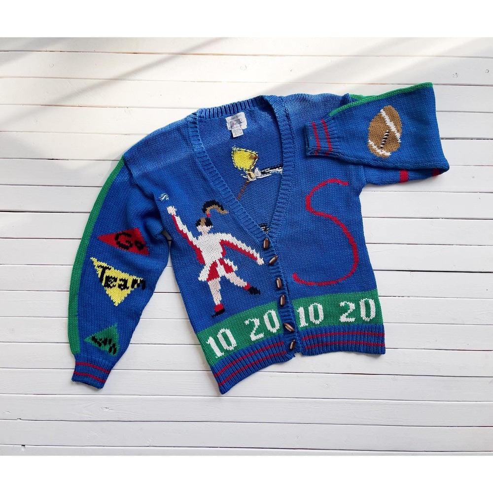vtg Windcrest football cheerleader referee letterman‎ hand knit cardigan sweater